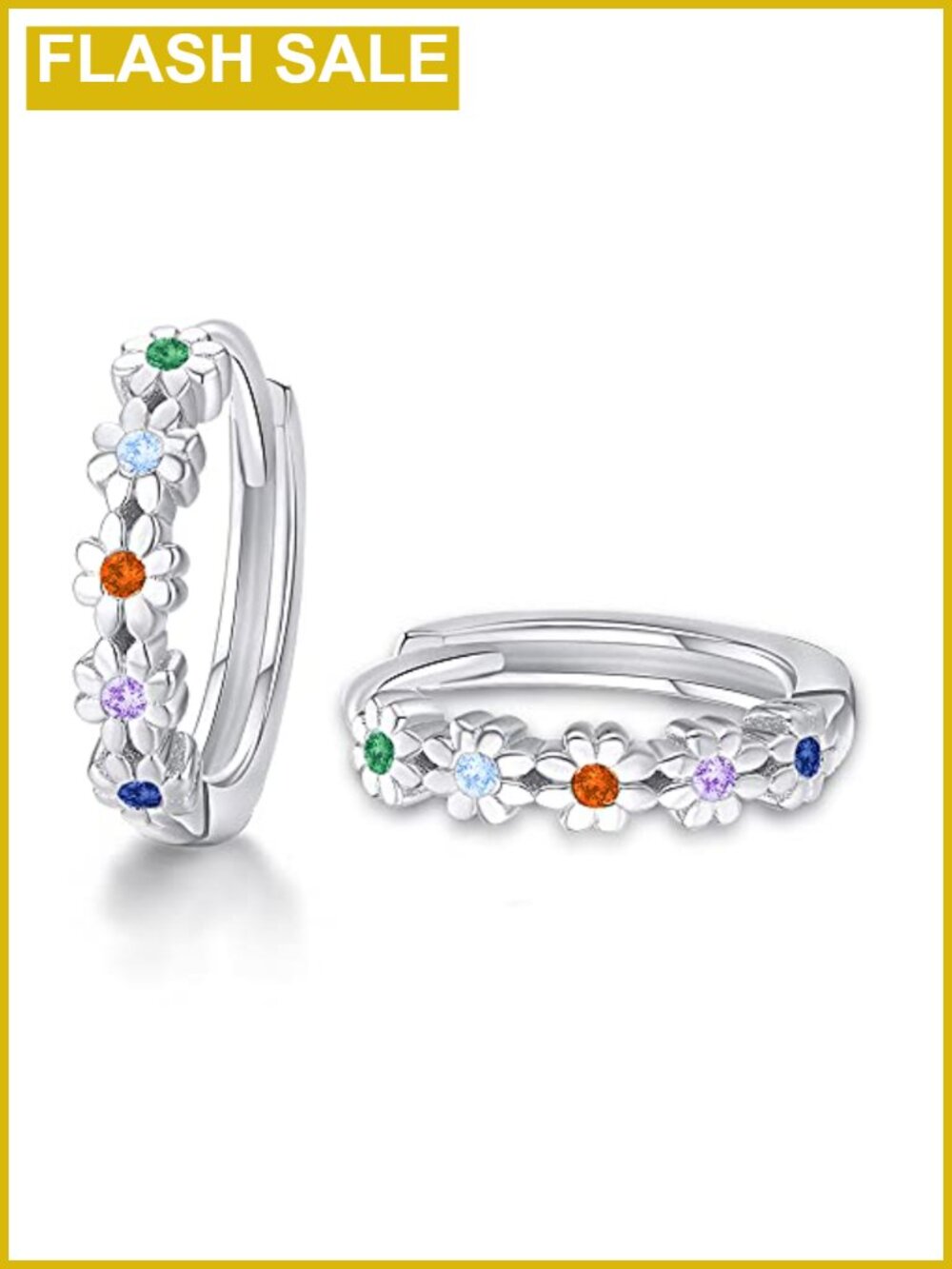 14K White Gold Plated Flower CZ Huggie Hoop Earrings